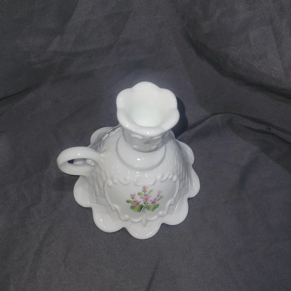 Milk Glass Finger Ring Candle Holder Hand Painted Violets Signed by Vicki F
